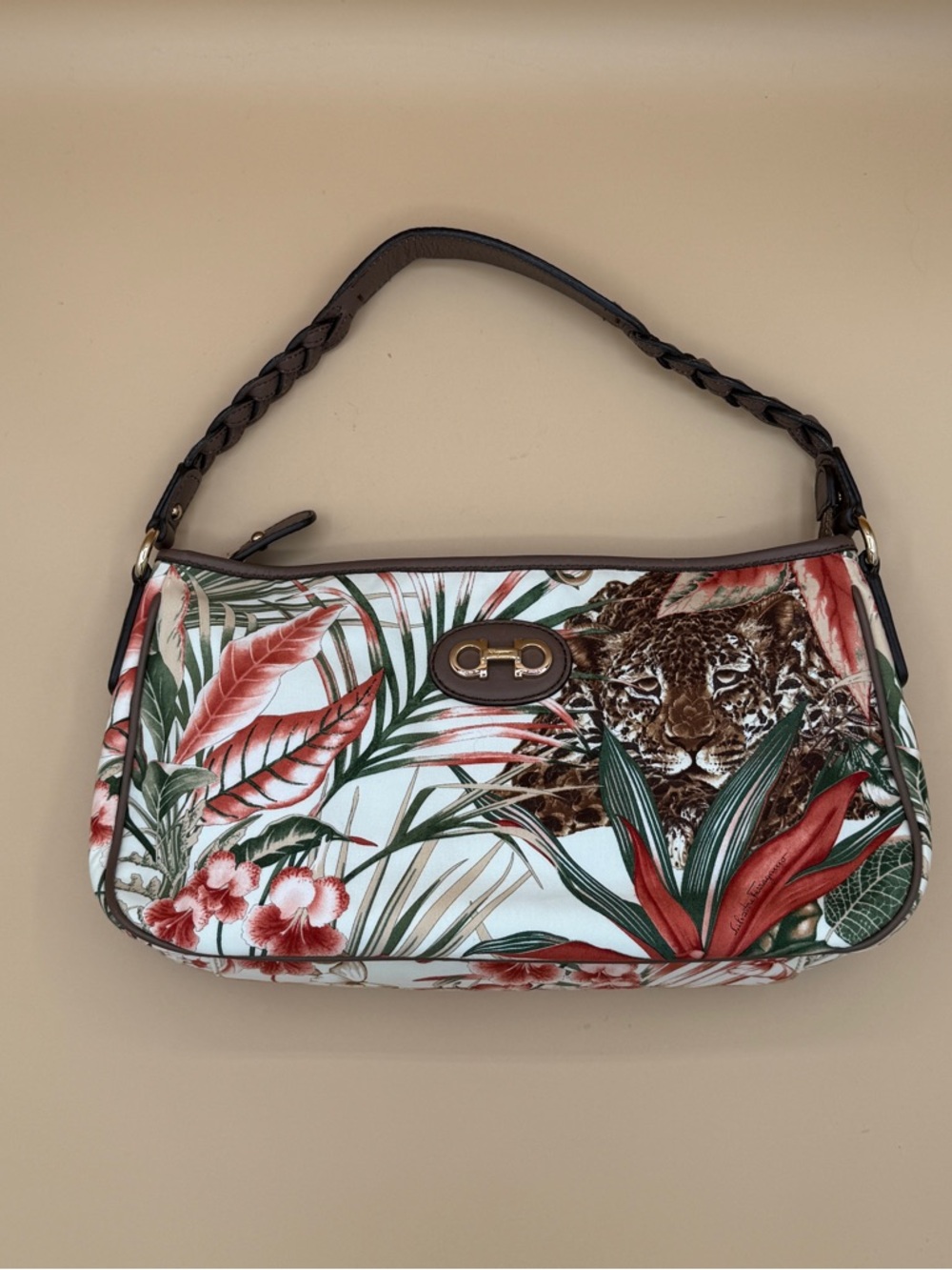 Vintage Salvatore Ferragamo Jaguar Jungle Print Canvas & Leather Shoulder Bag